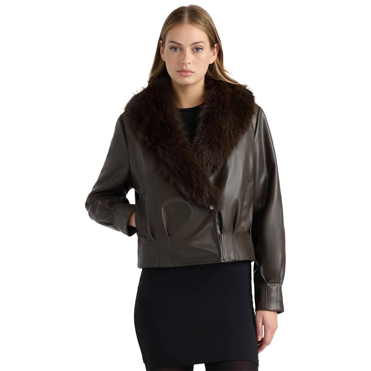 Nvlt Women's Leather Bomber Jacket with Faux Fur Collar - Black