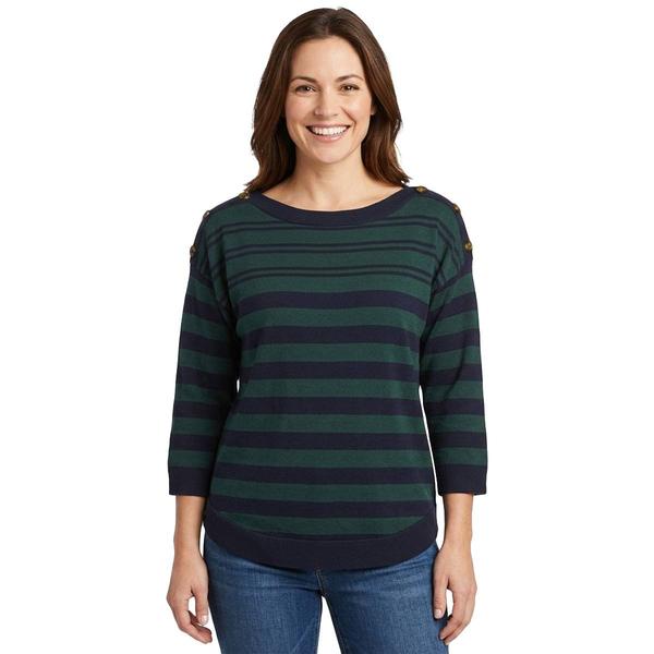 Womens Cable & Gauge 3/4 Sleeve Stripe Shoulder Button Sweater