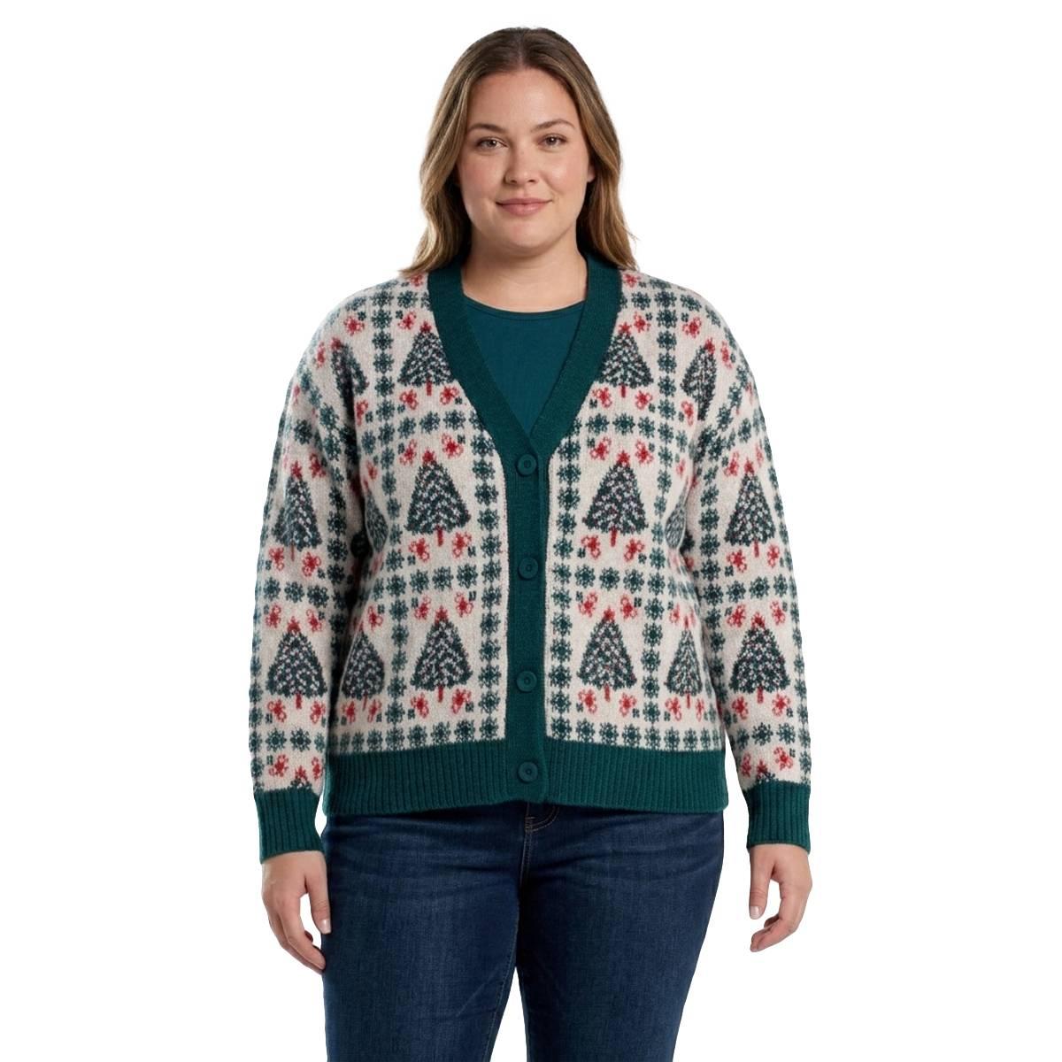 Plus Size Hanna & Gracie Long Sleeve Christmas Tree Cardigan