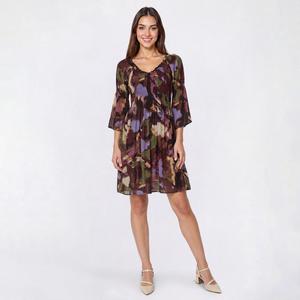 Womens Ninety Clothing 3/4 Sleeve V-Neck Abstract A-Line Dress