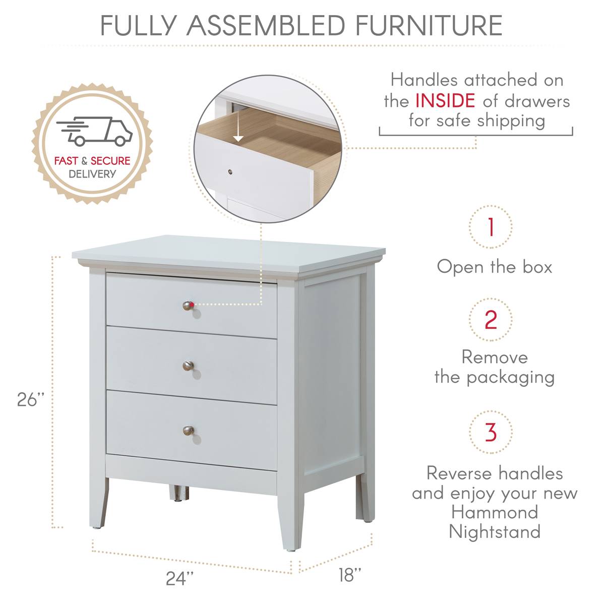 Passion Furniture Hammond 3-Drawer Nightstand