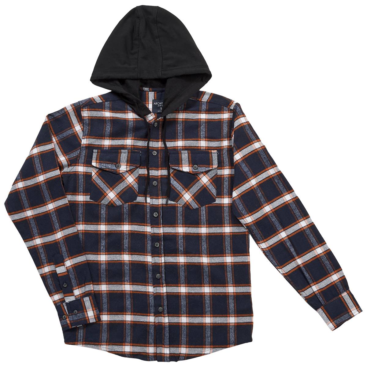 Young Mens Architect(R) Jean Co. Hooded Flannel Shirt-Navy & Orange