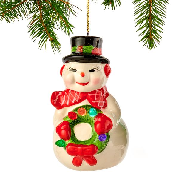 Mr. Christmas Nostalgic Ceramic Snowman w/ LED Lights Ornament