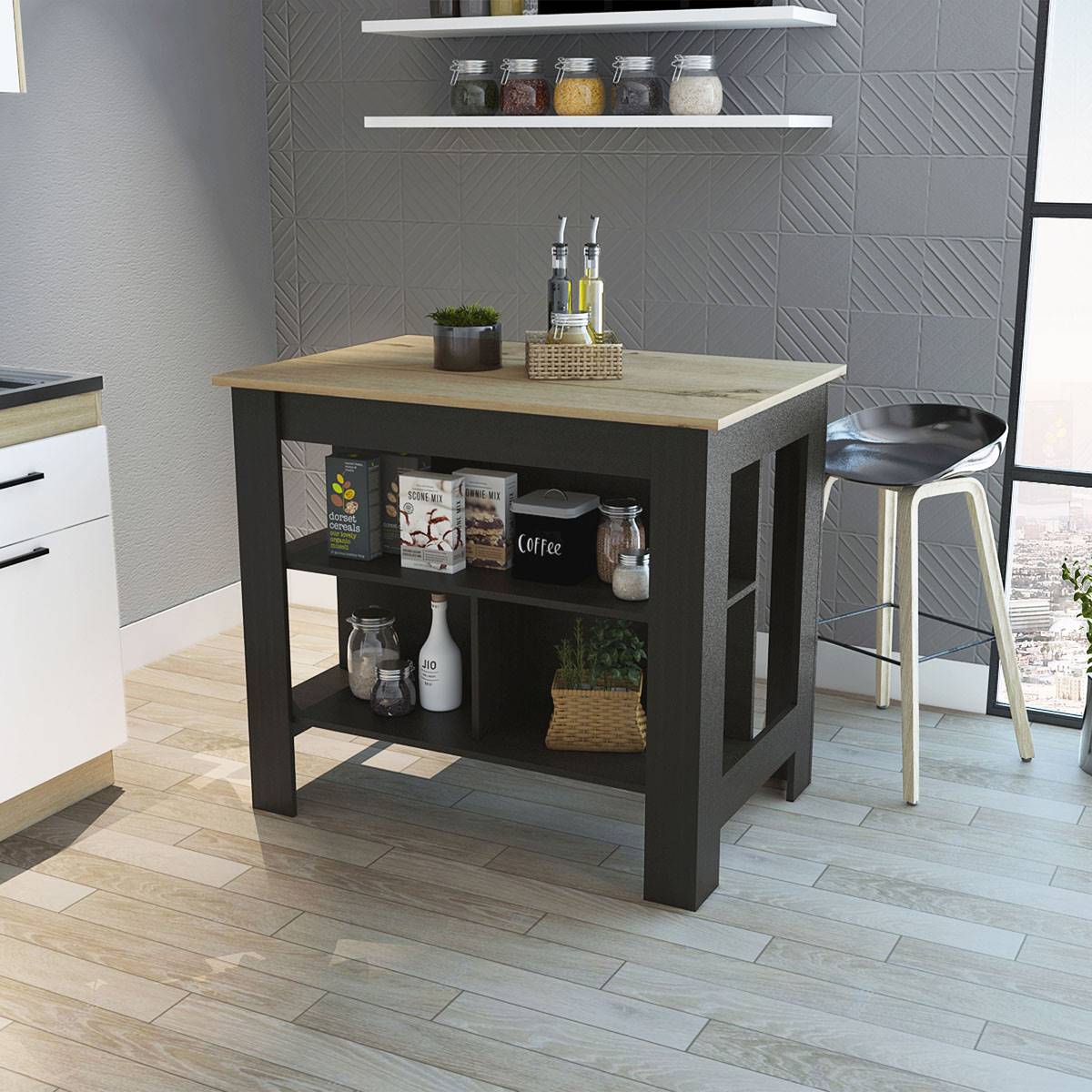 FM FURNITURE Brooklyn Wooden Top Kitchen Island