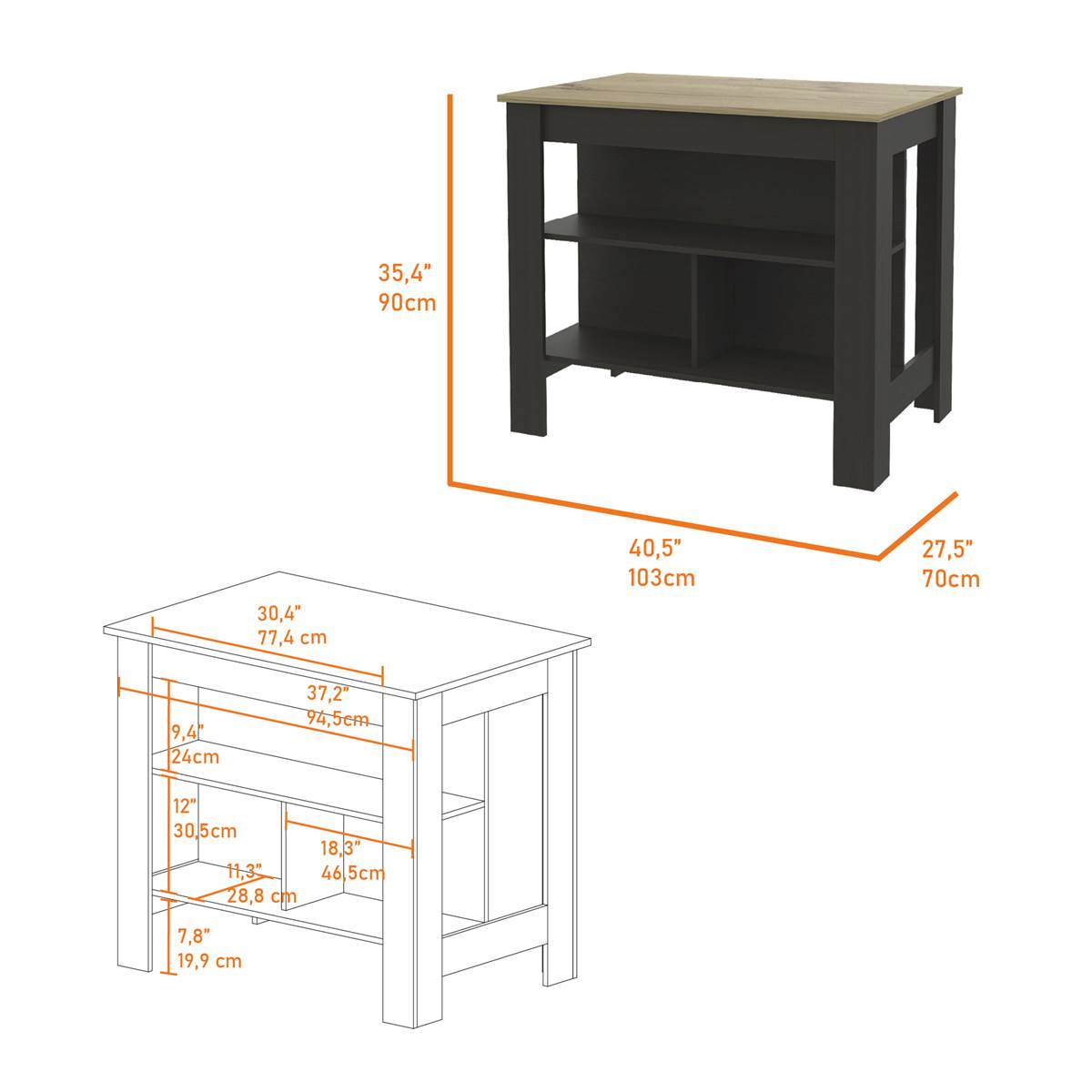 FM FURNITURE Brooklyn Wooden Top Kitchen Island