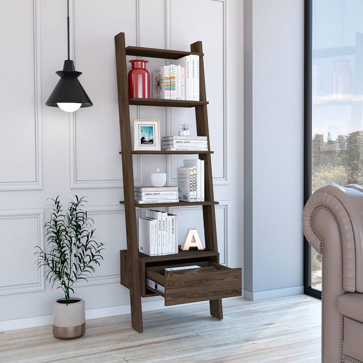 FM FURNITURE Hamburg Dark Walnut Ladder Bookcase