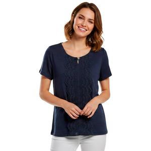 Womens Thomas & Oliva Short Sleeve Keyhole Neck Lace Trim Blouse