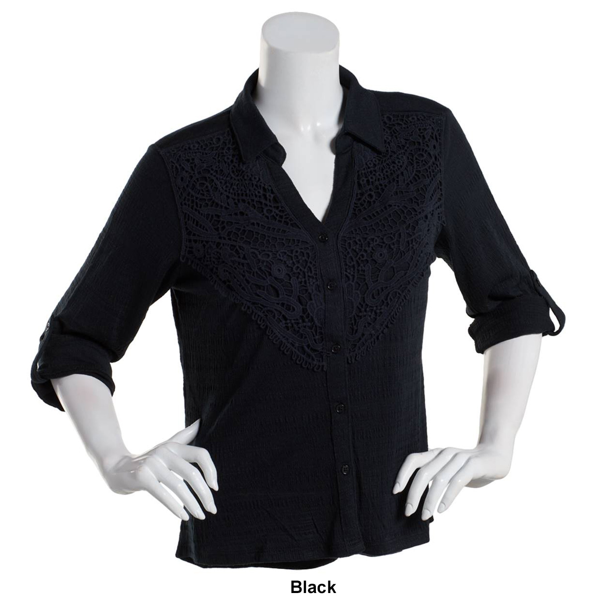 Petite Thomas & Olivia Solid 3/4 Sleeve Lace Front Button Down