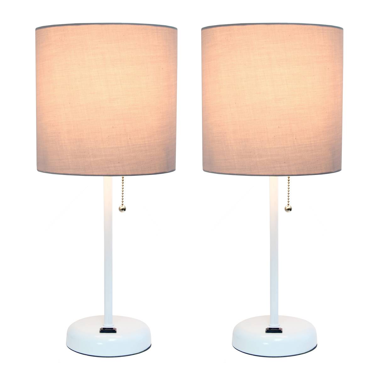 LimeLights White Stick Lamp W/Charging Outlet/Grey Shade-Set Of 2