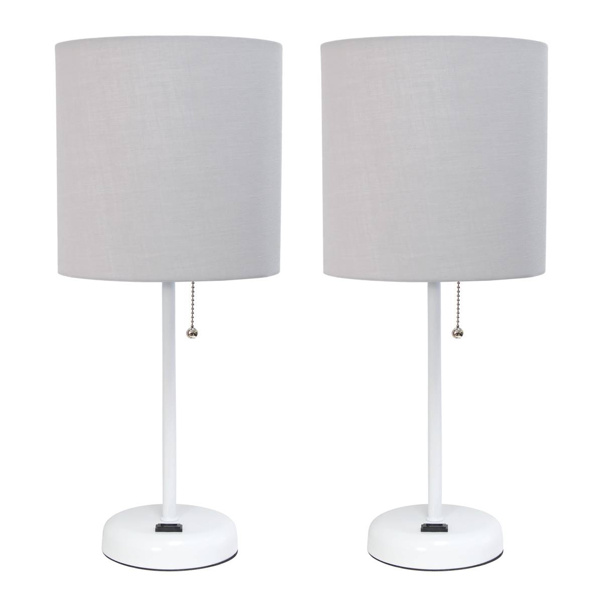 LimeLights White Stick Lamp W/Charging Outlet/Grey Shade-Set Of 2