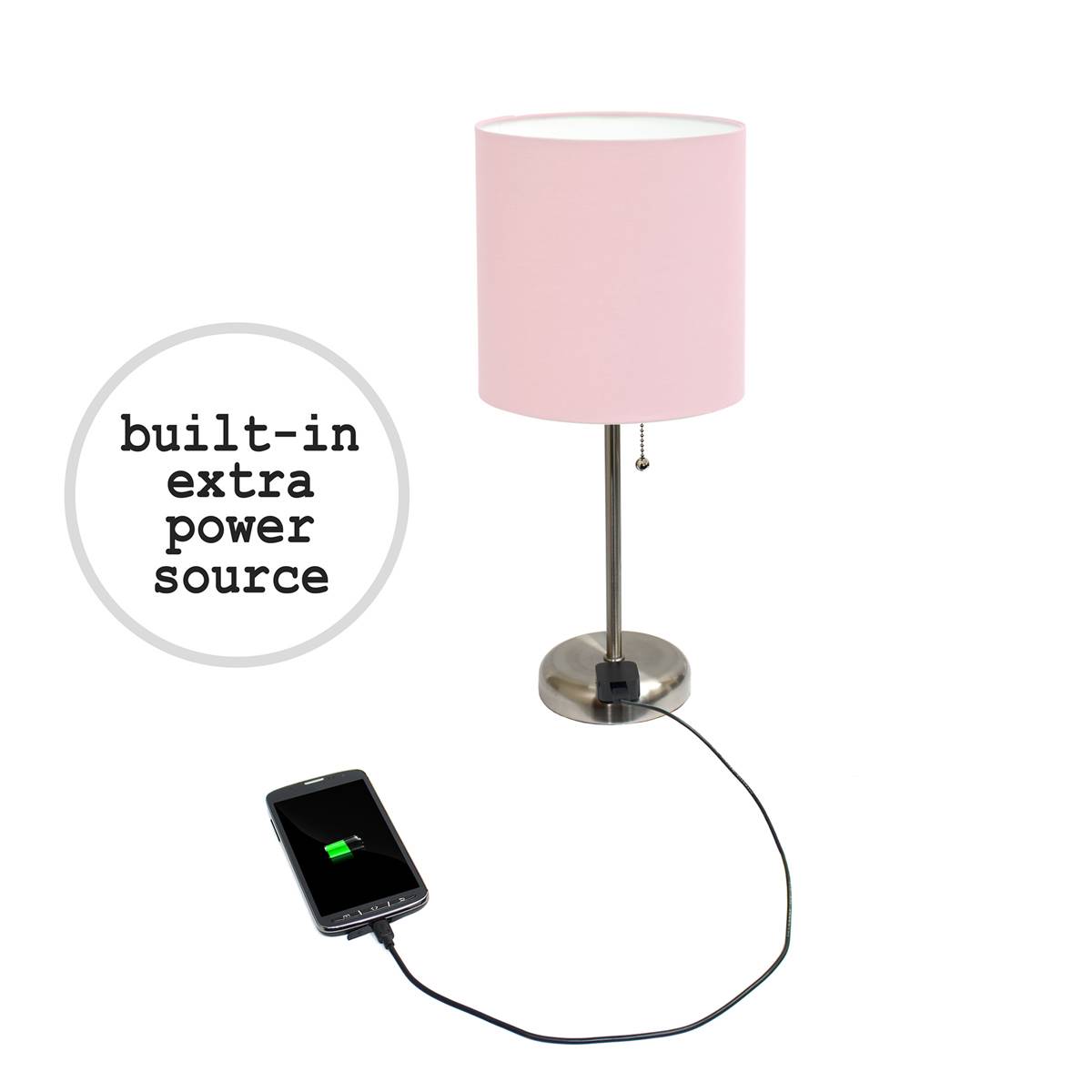 LimeLights Brush Steel/Pink Stick Lamp W/Charging Outlet-Set Of 2