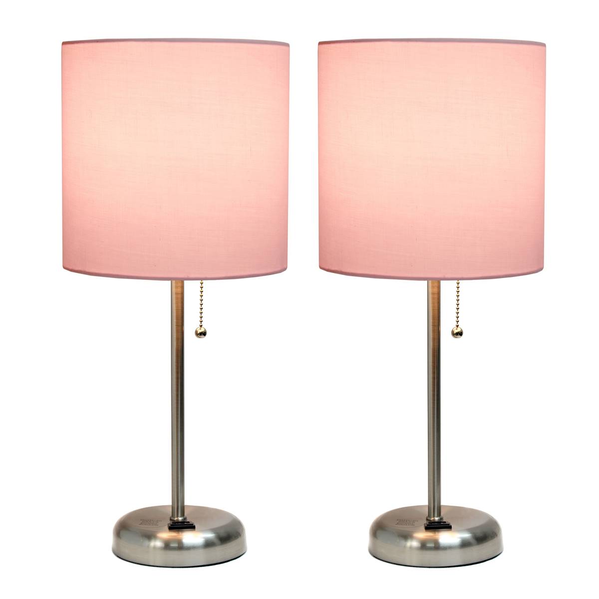 LimeLights Brush Steel/Pink Stick Lamp W/Charging Outlet-Set Of 2