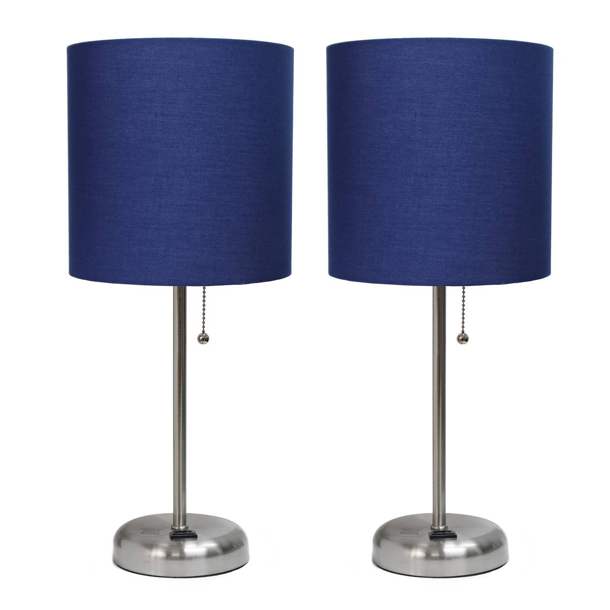 LimeLights Brush Steel Lamp W/Charging Outlet/Navy Shade-Set Of 2