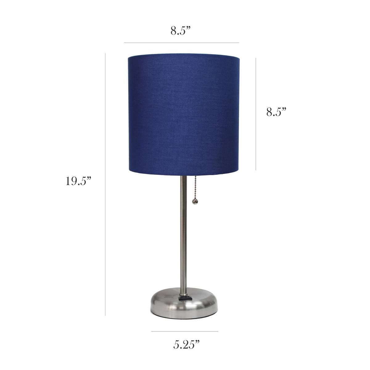 LimeLights Brush Steel Lamp W/Charging Outlet/Navy Shade-Set Of 2