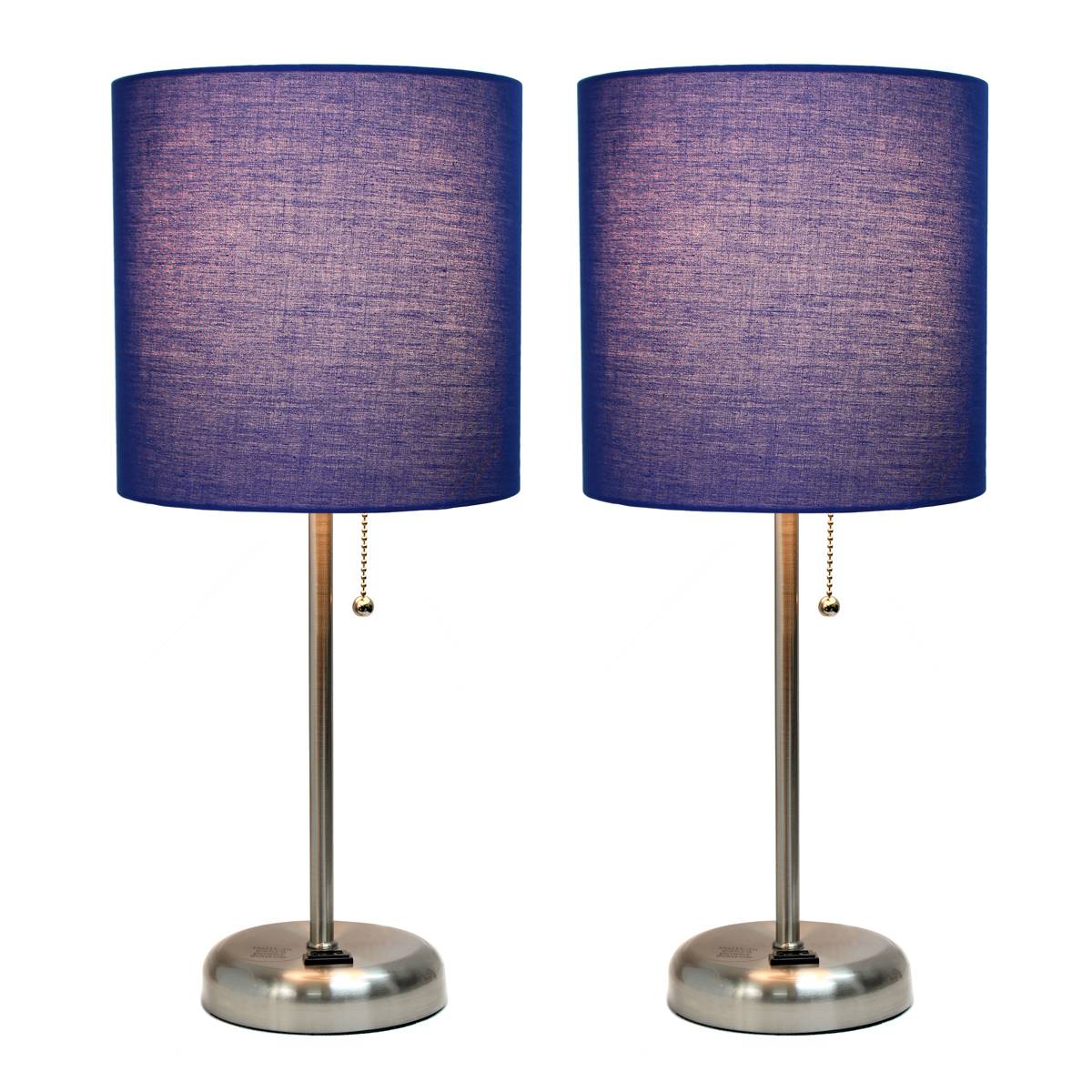 LimeLights Brush Steel Lamp W/Charging Outlet/Navy Shade-Set Of 2