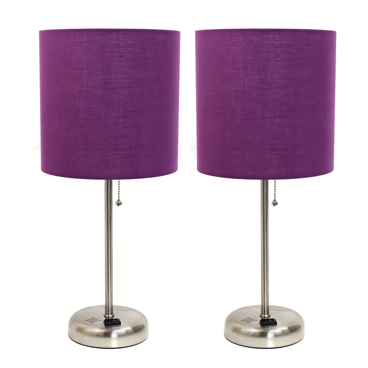 LimeLights Brush Steel Lamp W/Charge Outlet/Purple Shade-Set Of 2