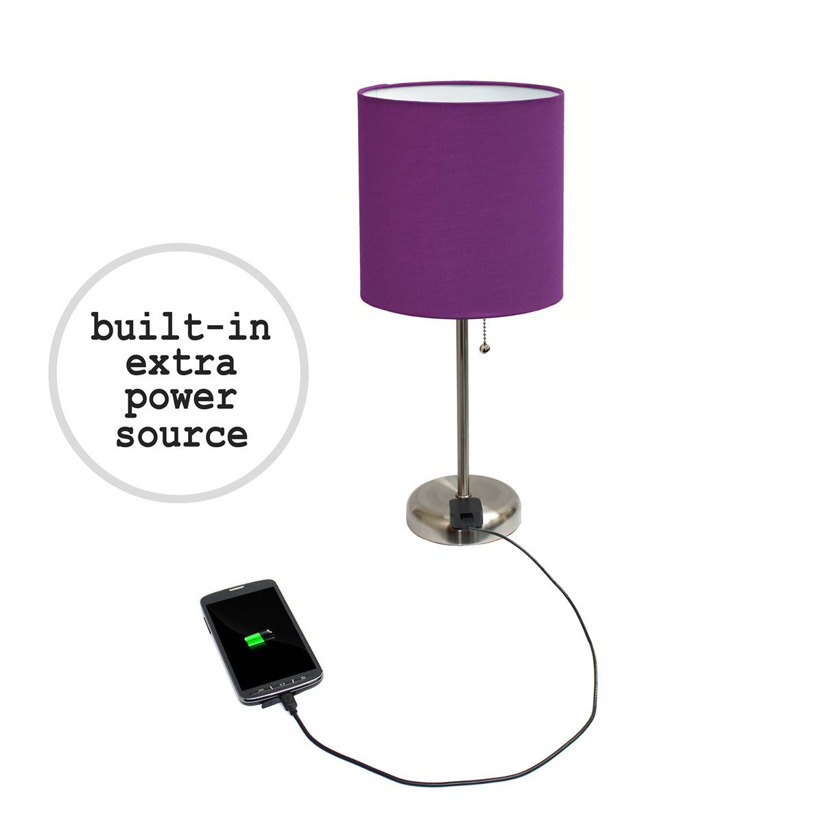 LimeLights Brush Steel Lamp W/Charge Outlet/Purple Shade-Set Of 2