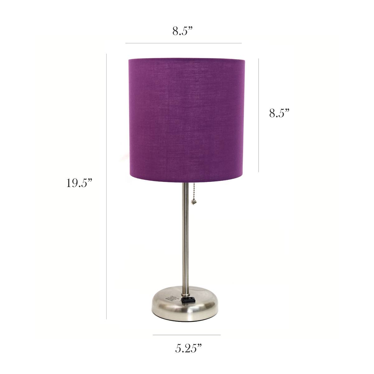 LimeLights Brush Steel Lamp W/Charge Outlet/Purple Shade-Set Of 2