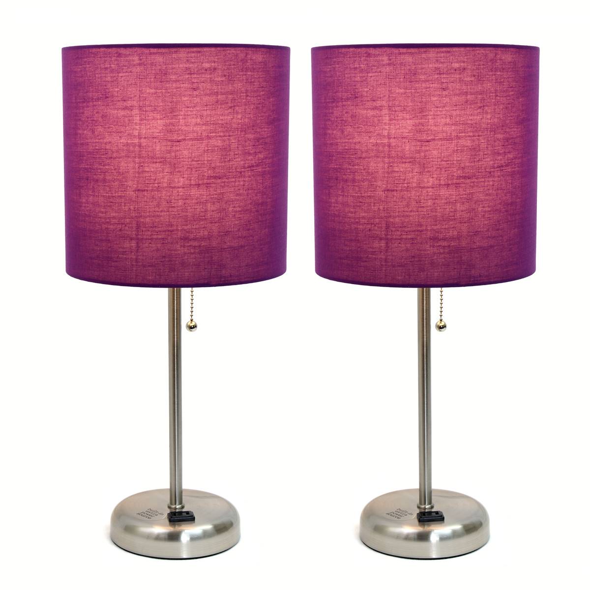 LimeLights Brush Steel Lamp W/Charge Outlet/Purple Shade-Set Of 2