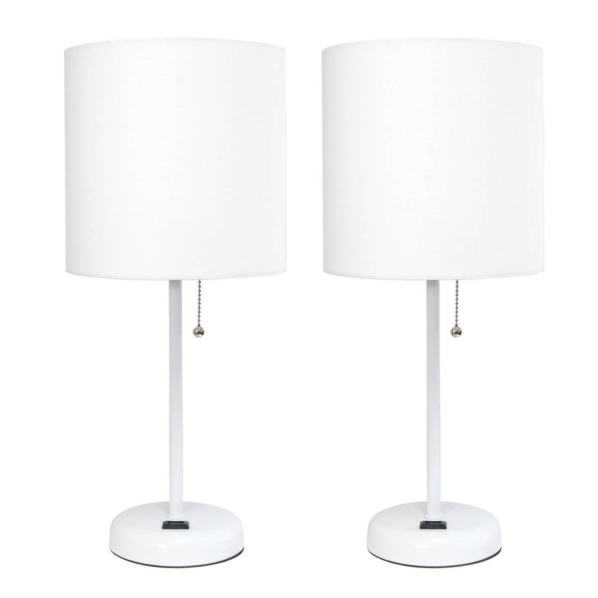 LimeLights White Stick Lamp WCharging Outlet/White Shade-Set Of 2