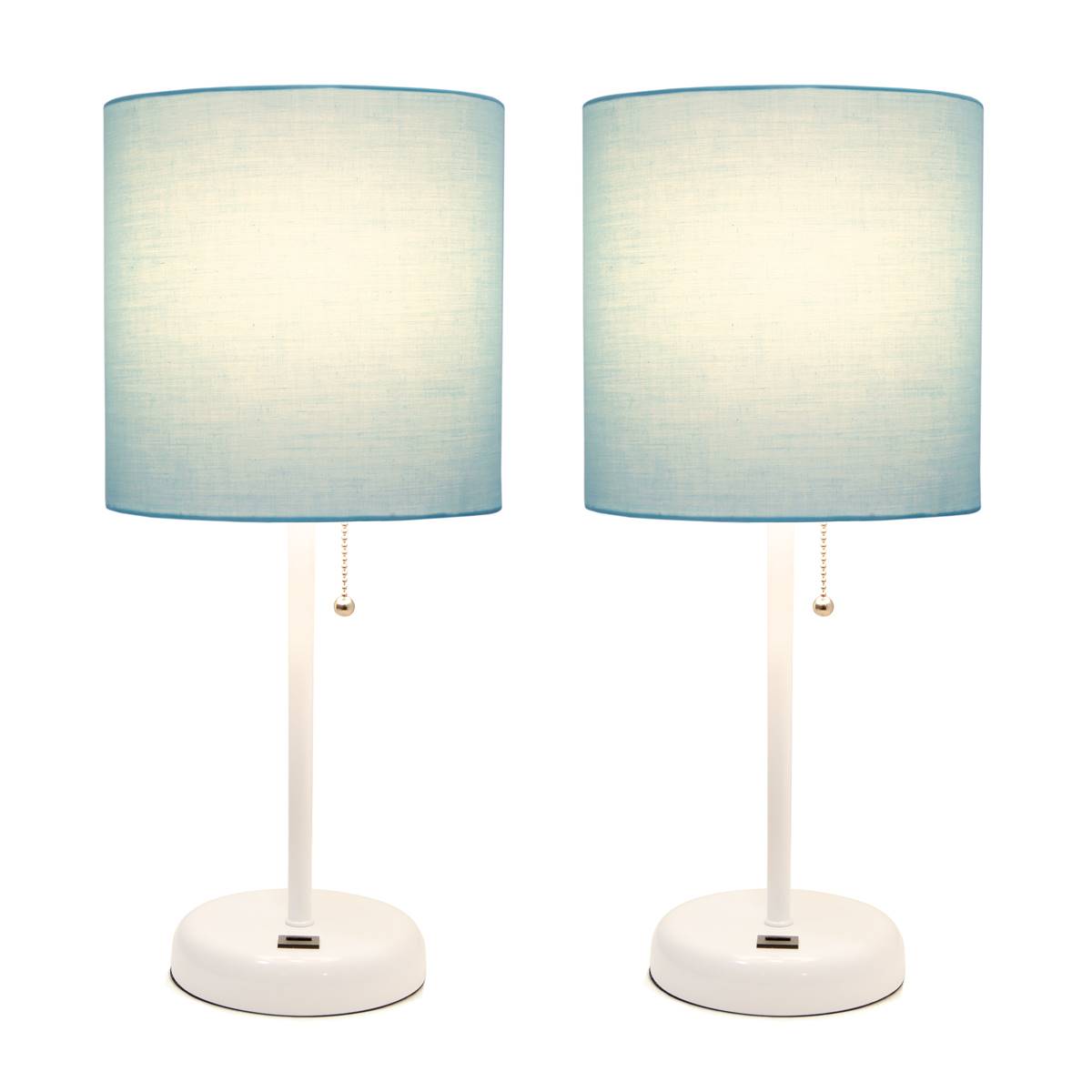 LimeLights White Stick Lamp W/USB Charge Port/Aqua Shade-Set Of 2