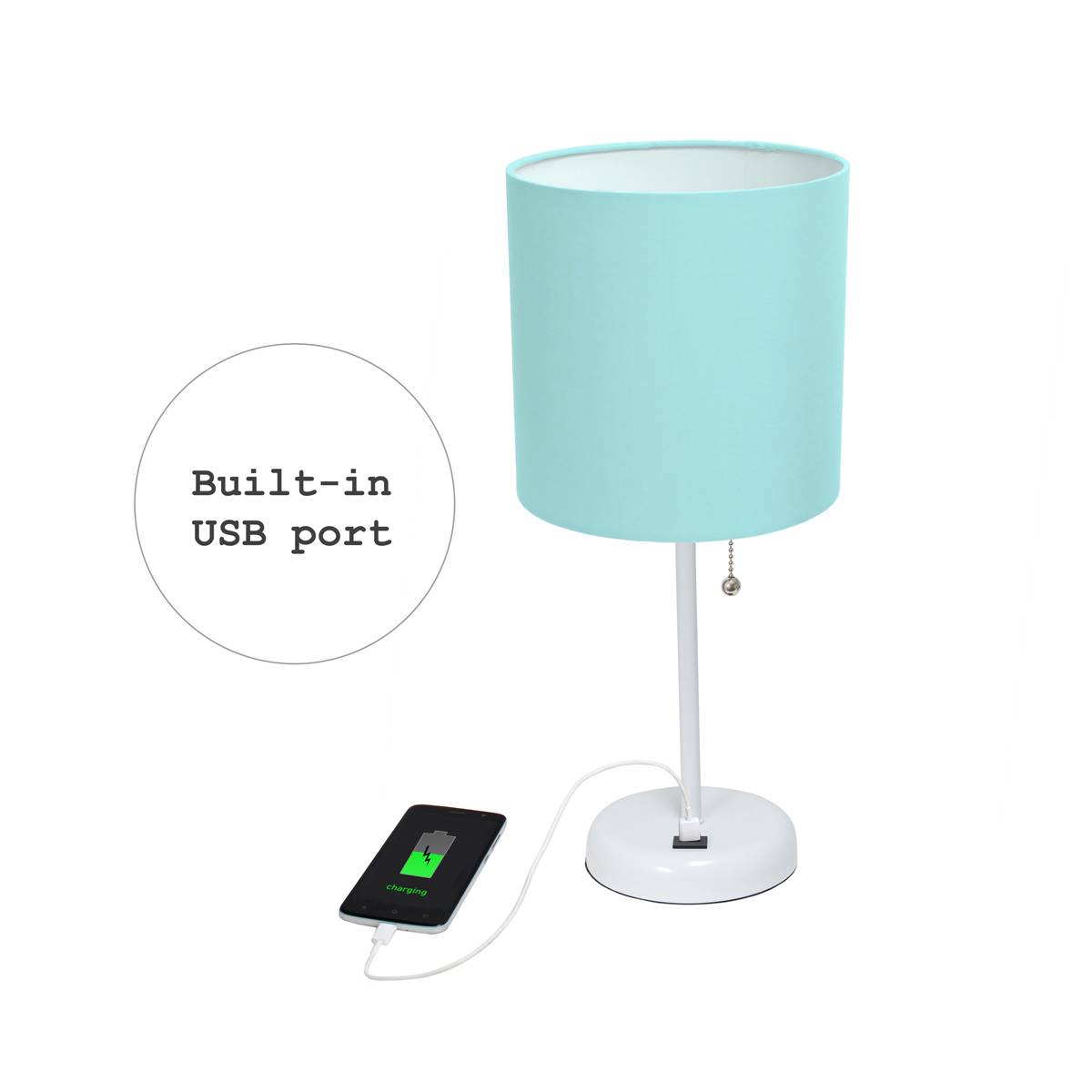 LimeLights White Stick Lamp W/USB Charge Port/Aqua Shade-Set Of 2