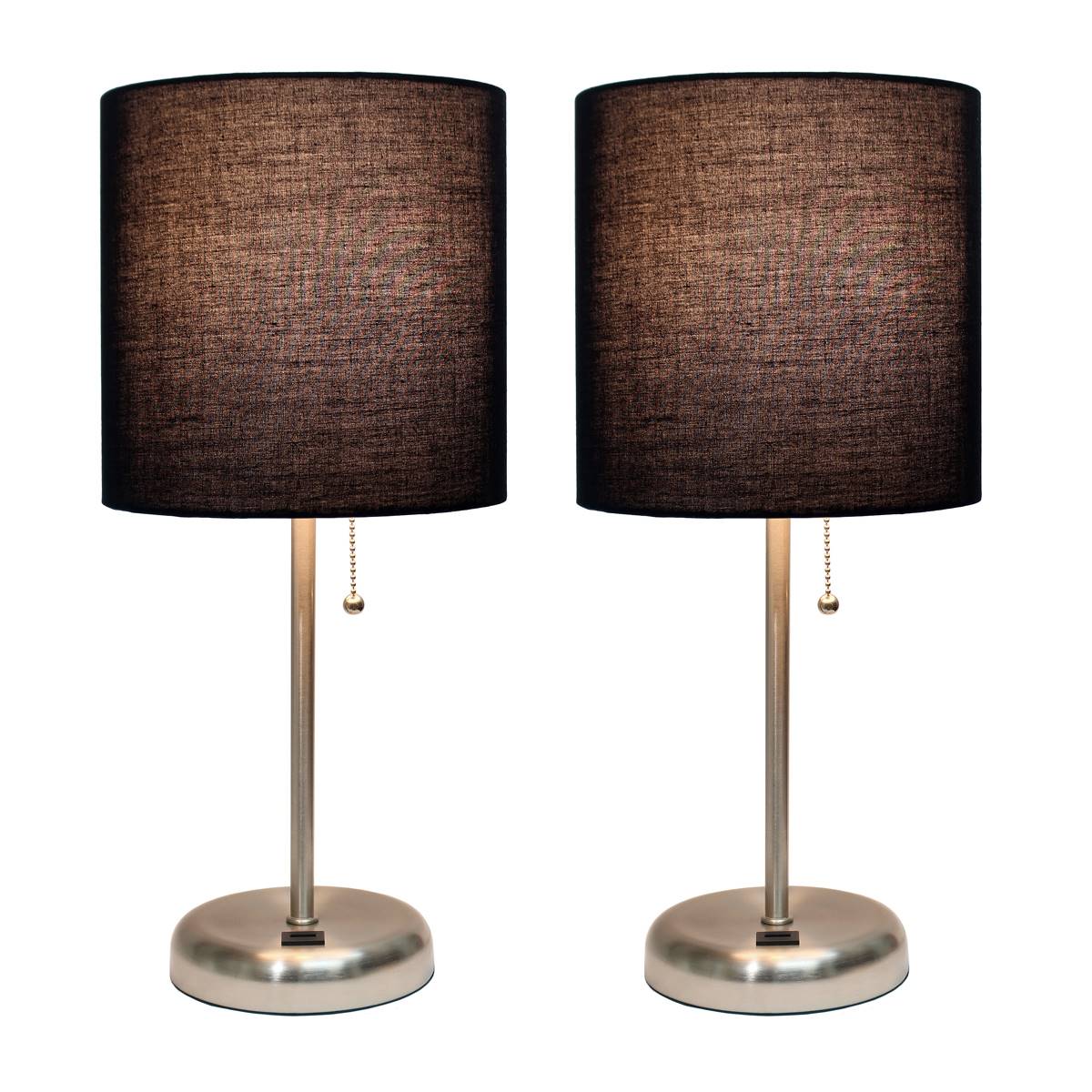 LimeLights Brushed Steel Lamp W/USB Port/Fabric Shade-Set Of 2
