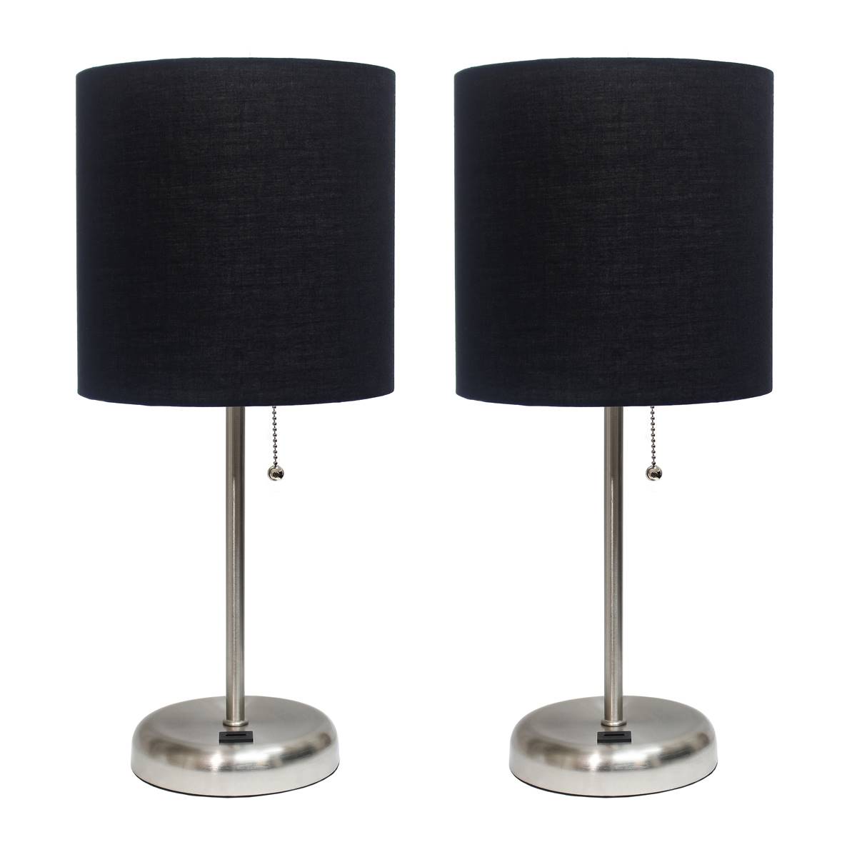 LimeLights Brushed Steel Lamp W/USB Port/Fabric Shade-Set Of 2