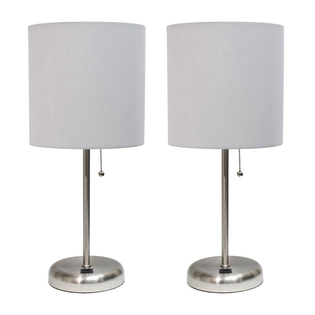 LimeLights Brushed Steel Lamp/USB Charging Port/Grey Fabric Shade