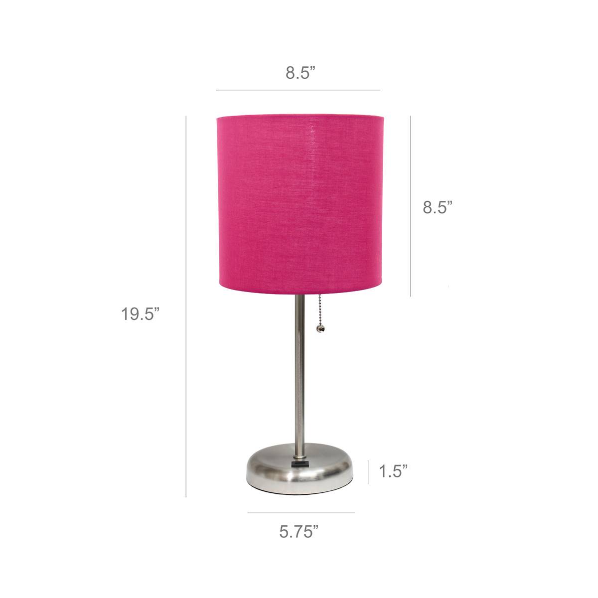 LimeLights Brushed Steel Lamp/USB Charge Port/Pink Shade-Set Of 2