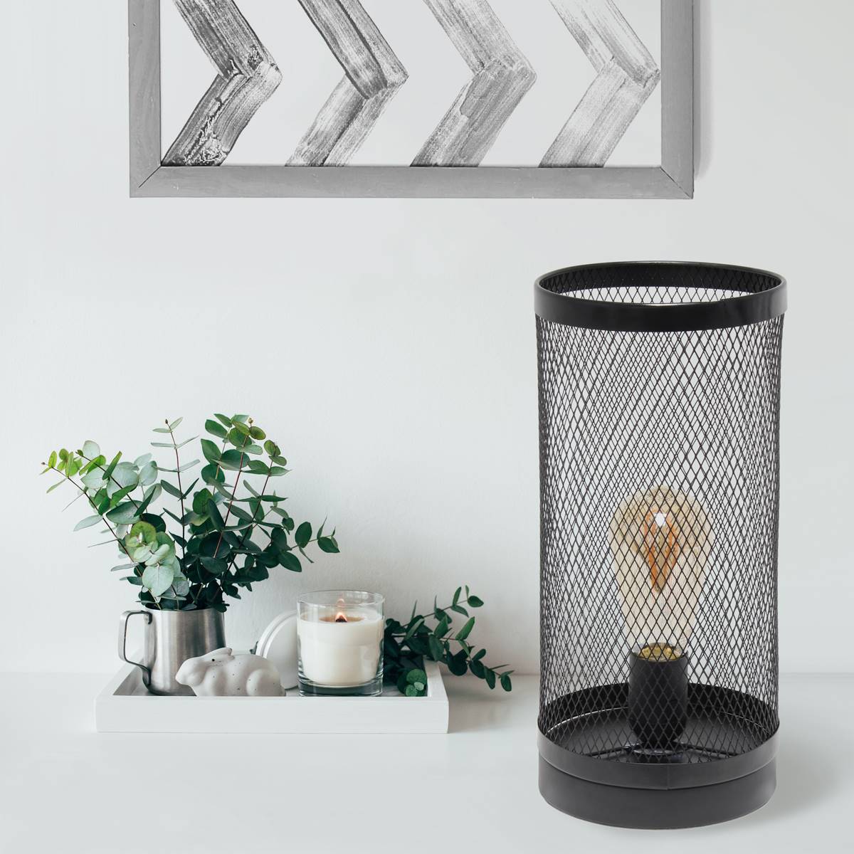 Simple Designs Cylindrical Steel Table Lamp W/Mesh Shade