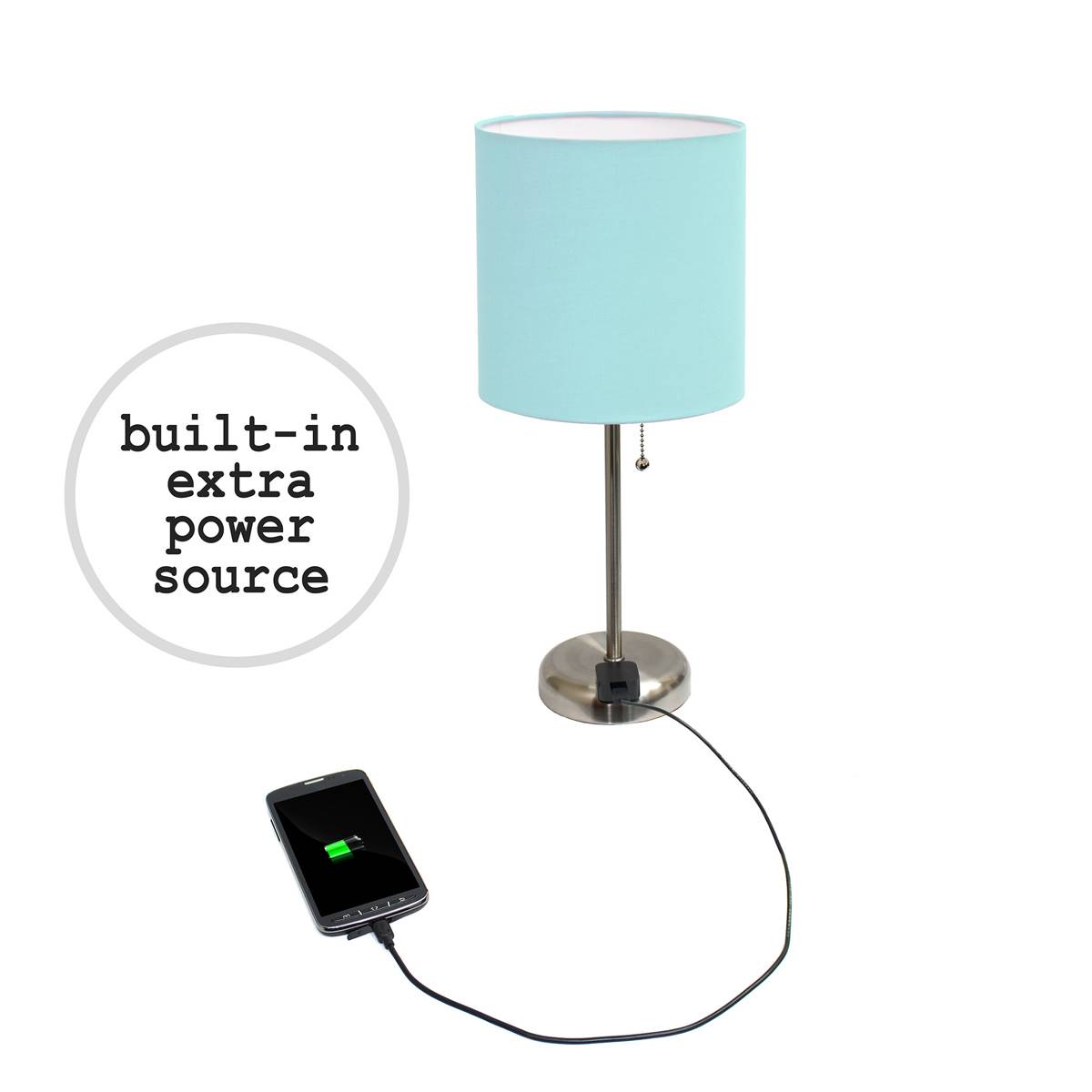 LimeLights White Stick Lamp W/Charging Outlet & Fabric Shade