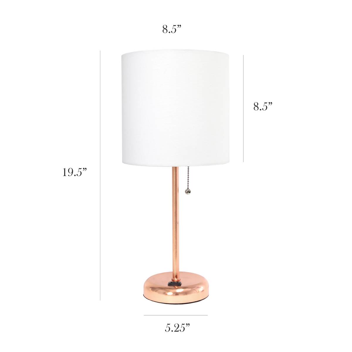 LimeLights Rose Gold Stick Lamp W/Charging Outlet & Fabric Shade