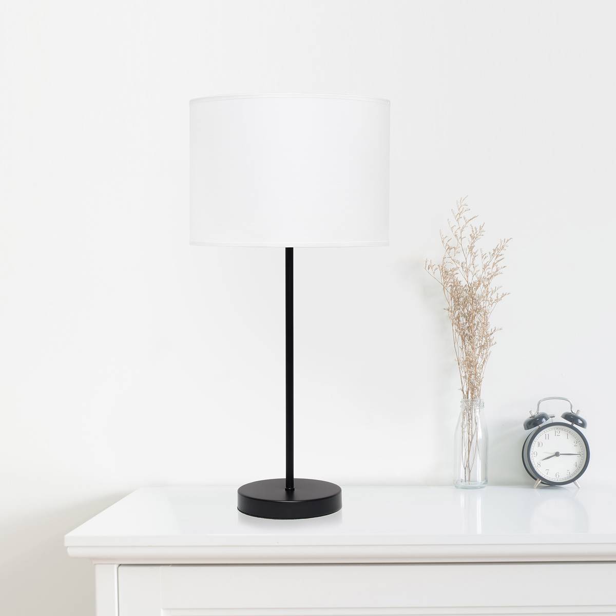 Simple Designs Black Stick Lamp W/White Fabric Drum Shade