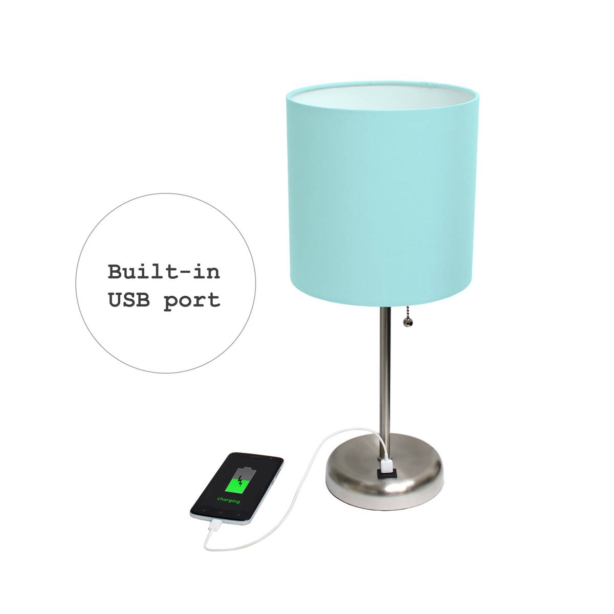 LimeLights Brushed Steel Stick Lamp W/USB Charging Port & Shade