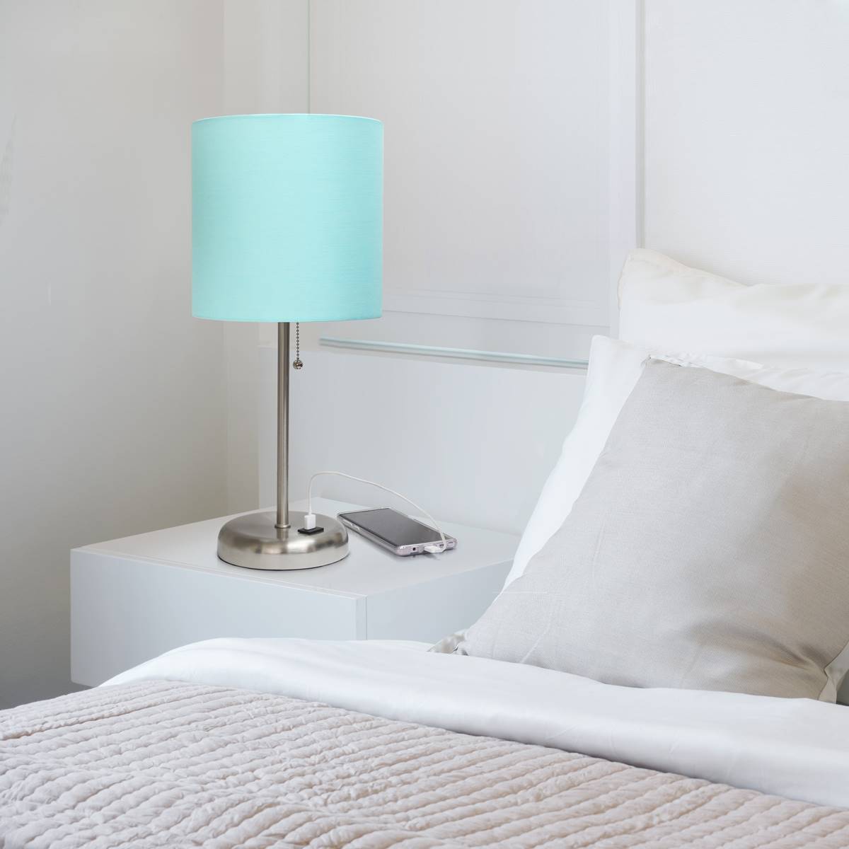 LimeLights Brushed Steel Stick Lamp W/USB Charging Port & Shade