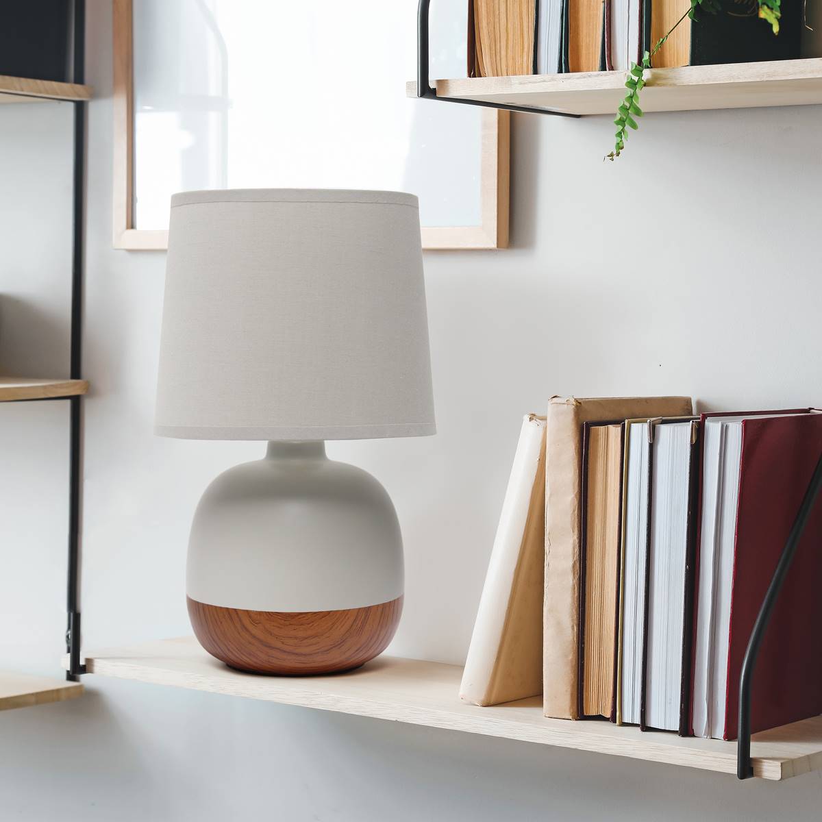 Simple Designs Petite Mid Century Ceramic & Wood Base Table Lamp