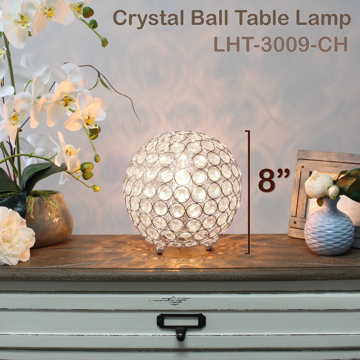 Lalia Home Elipse Medium 8in. Metal Crystal Round Orb Table Lamp