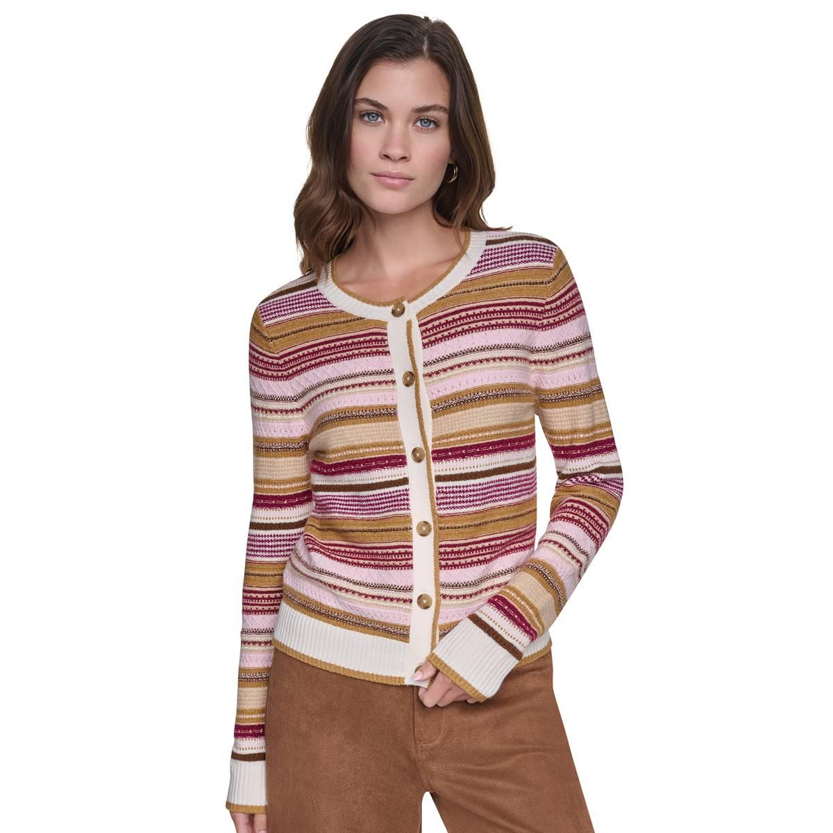 Dkny Jeans Women's Textured Variegated Stripe Crewneck Fitted Cardigan - Blush Pink Multi