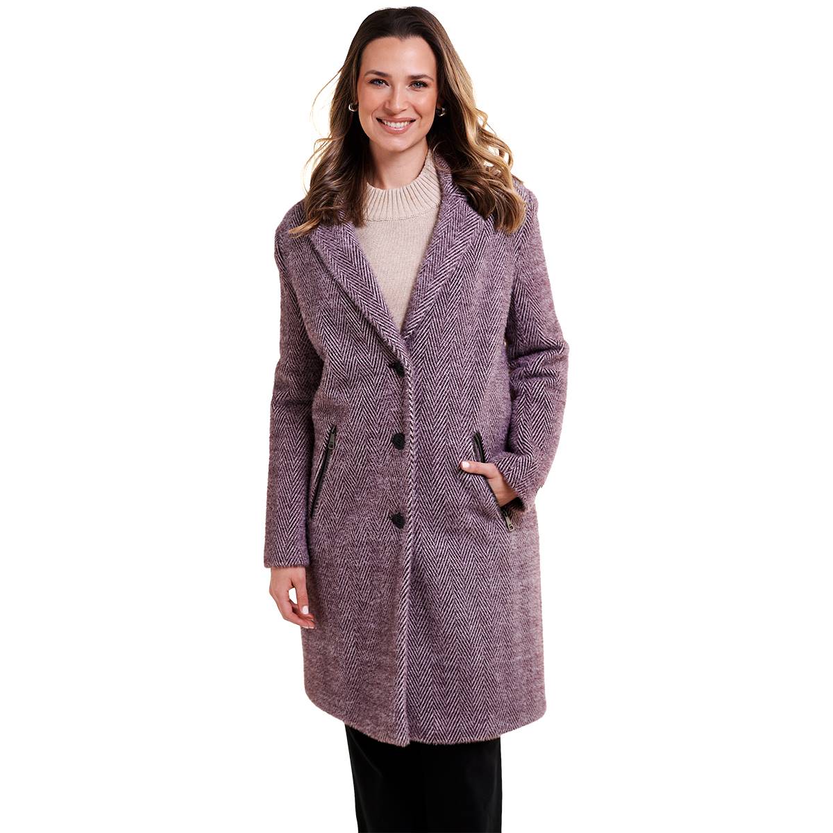 Womens DKNY Single Breasted Herringbone Faux Wool Coat