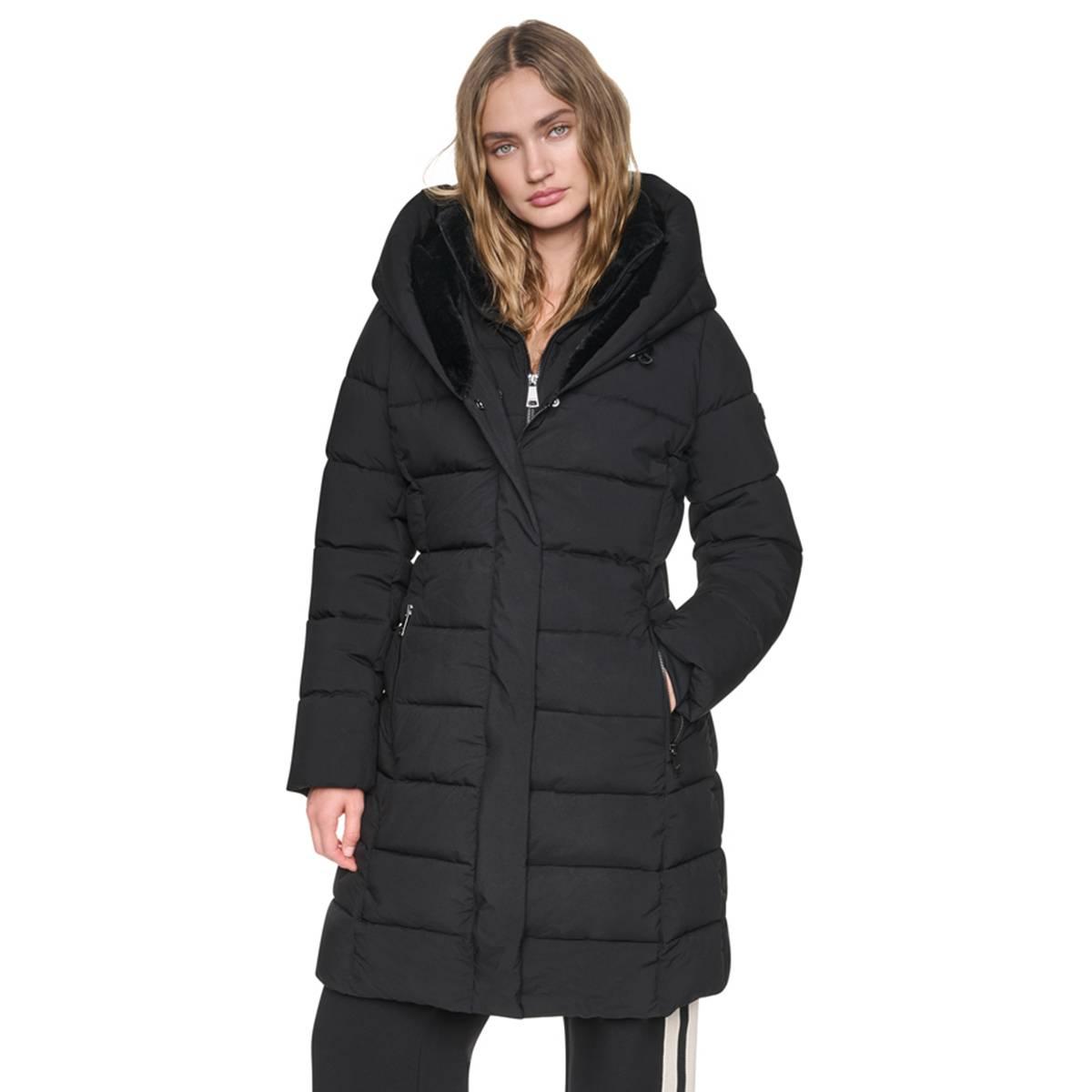 DKNY Women's Long Belted Layered Puffer Jacket in Black Size Medium