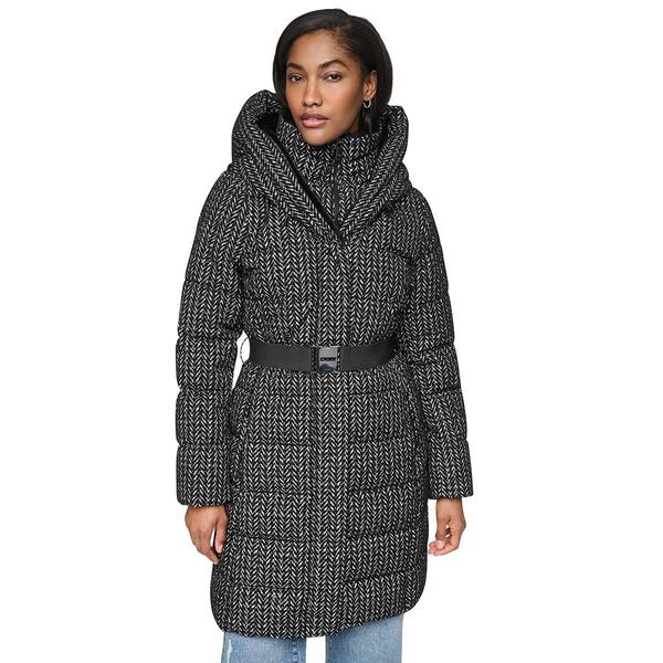 Womens DKNY Herringbone Heavyweight Puffer Coat with Belt