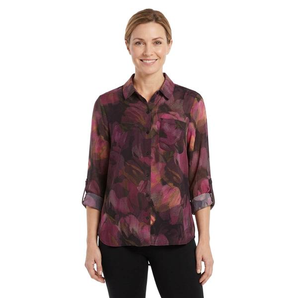 Womens DKNY Long Sleeve Roll Tab Blurred Floral Blouse