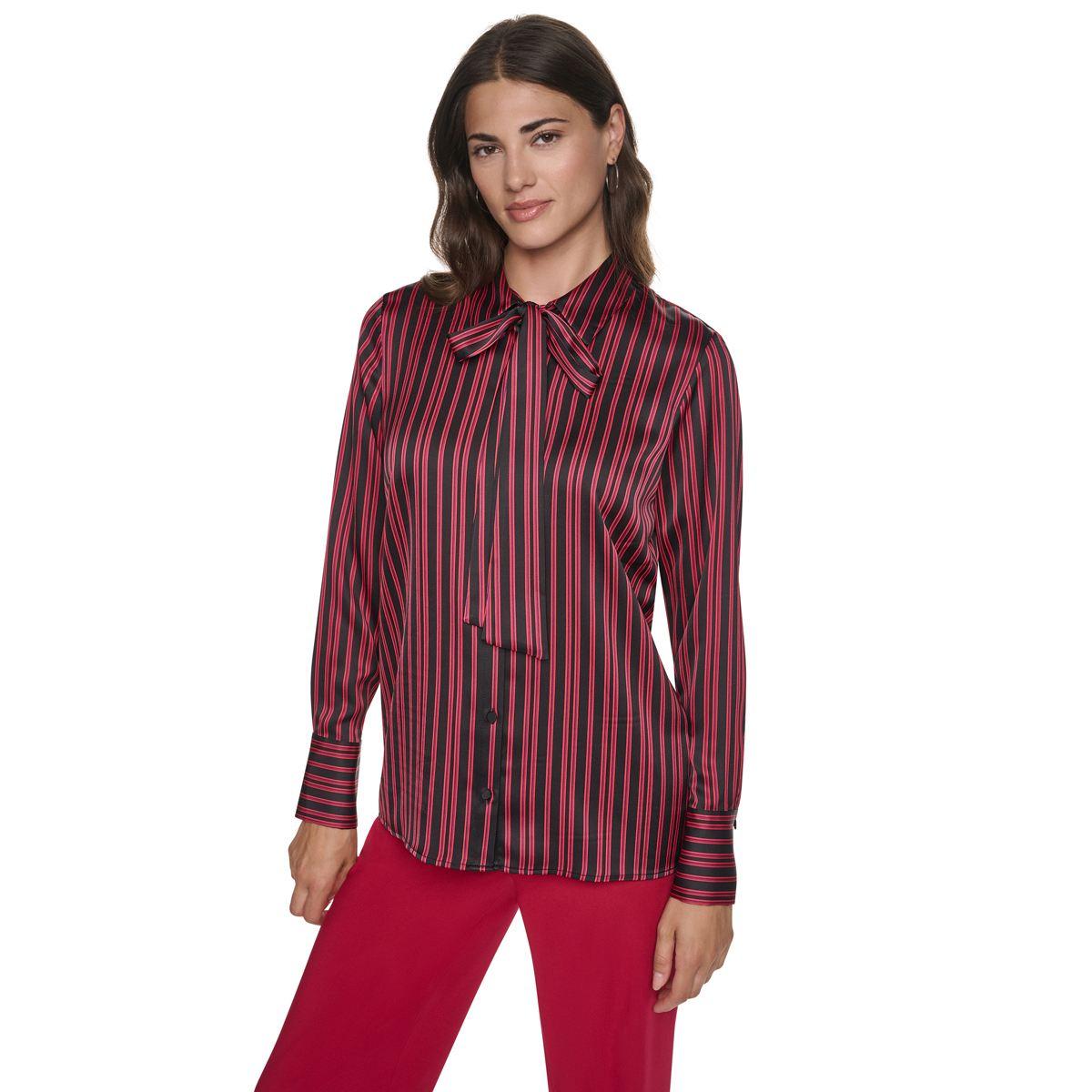 Dkny Women's Tie-Neck Button-Down Satin Long-Sleeve Blouse - Black/Cranberry