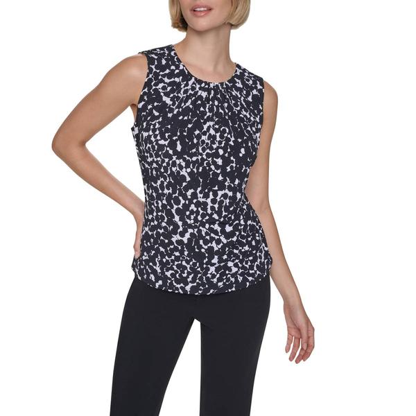 Womens DKNY Sleeveless Pleat Neck Abstract Back Keyhole Blouse