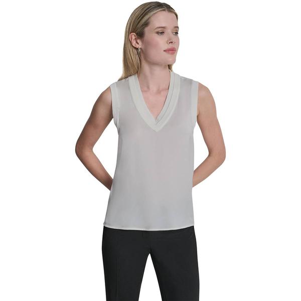 Womens DKNY Ribbed Double V-Neck Ivory Solid Tank Top