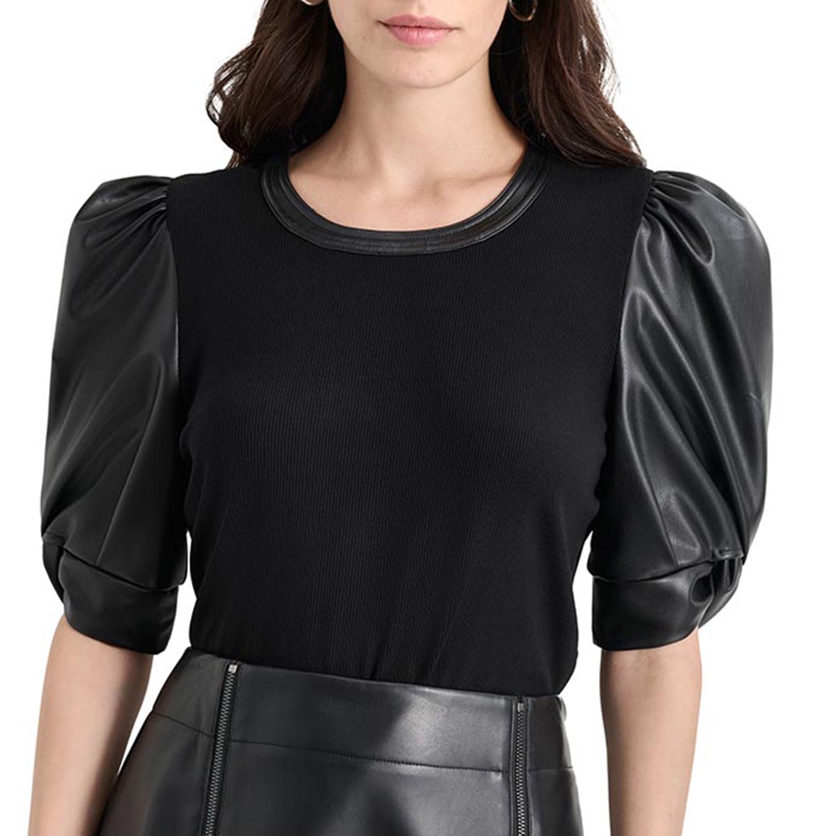 Womens DKNY Faux Leather Puff Sleeve Rib-Knit Blouse