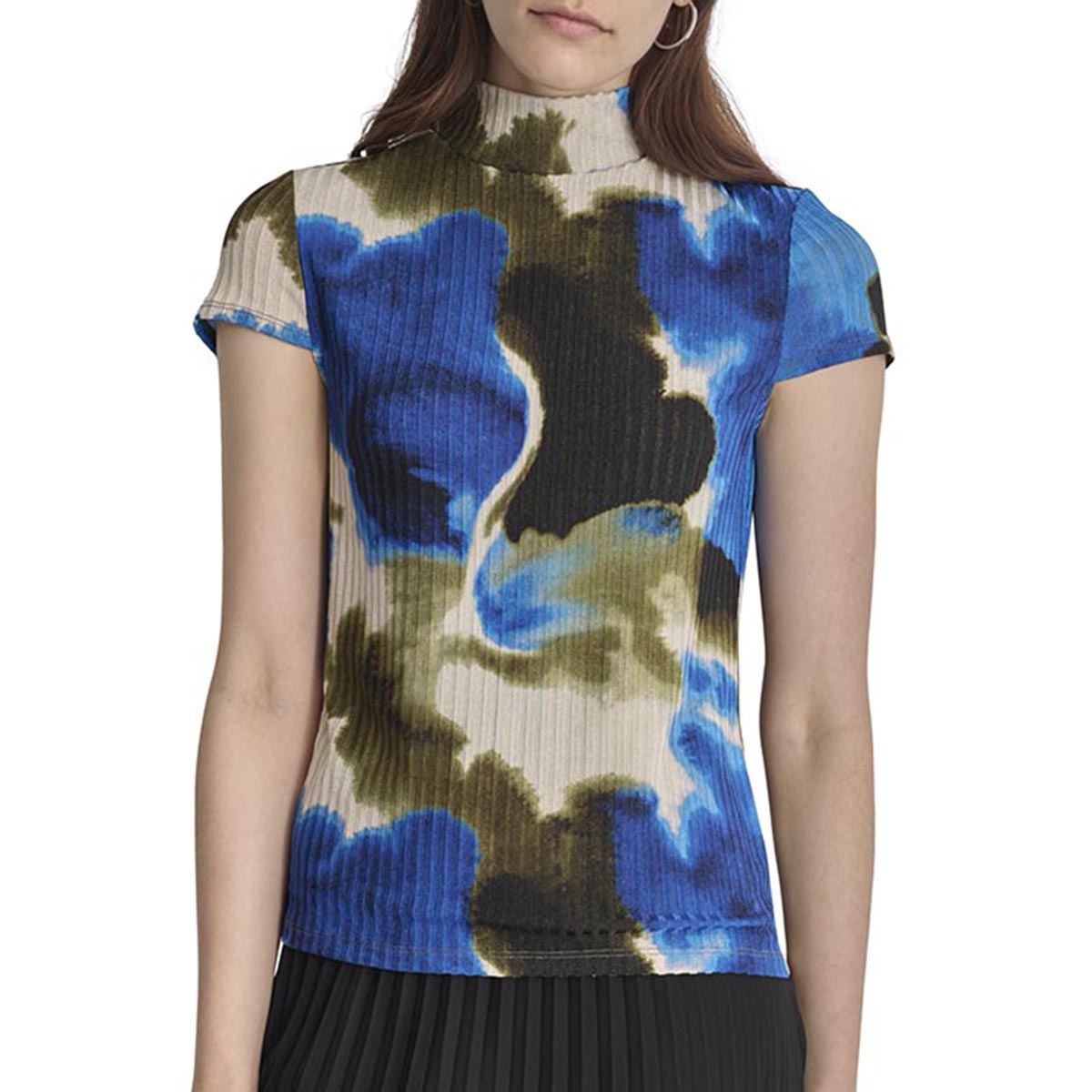 Womens DKNY Cap Sleeve Abstract Ink Swirl Wide Rib Blouse