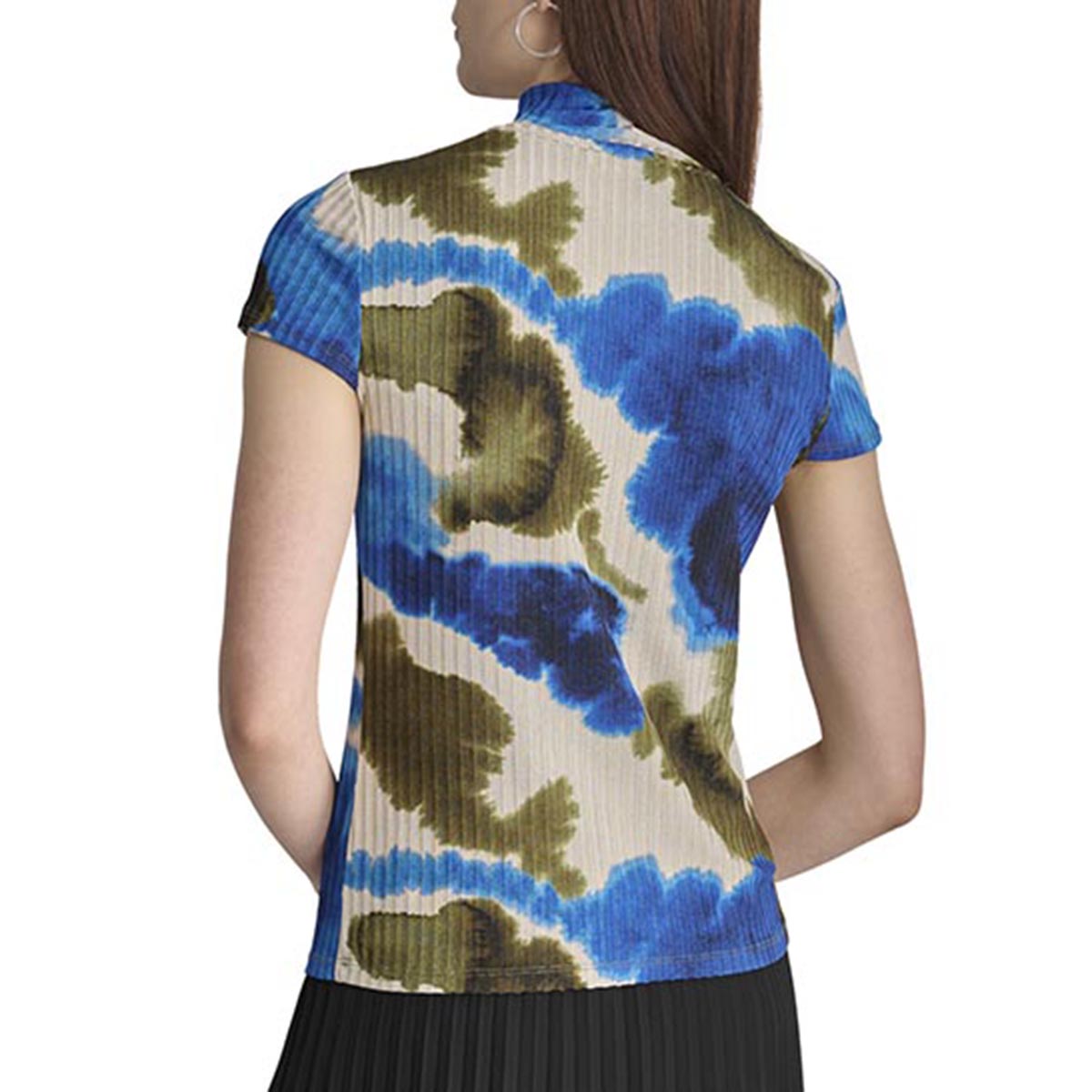 Womens DKNY Cap Sleeve Abstract Ink Swirl Wide Rib Blouse