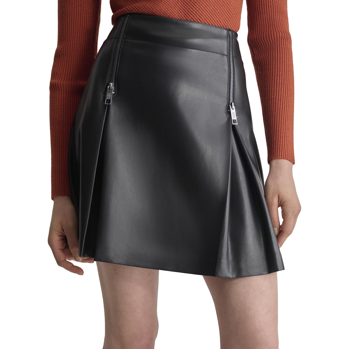 Womens DKNY Faux Leather Mini Skirt W/ Front Zips